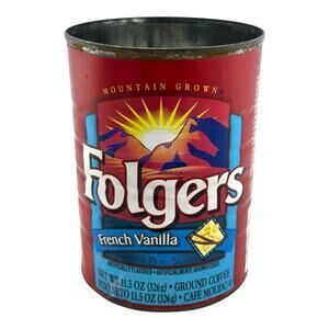 EMPTY 1990s Mountain Grown Folgers Coffee French Vanilla Tin 11.5 oz Prop NO LID